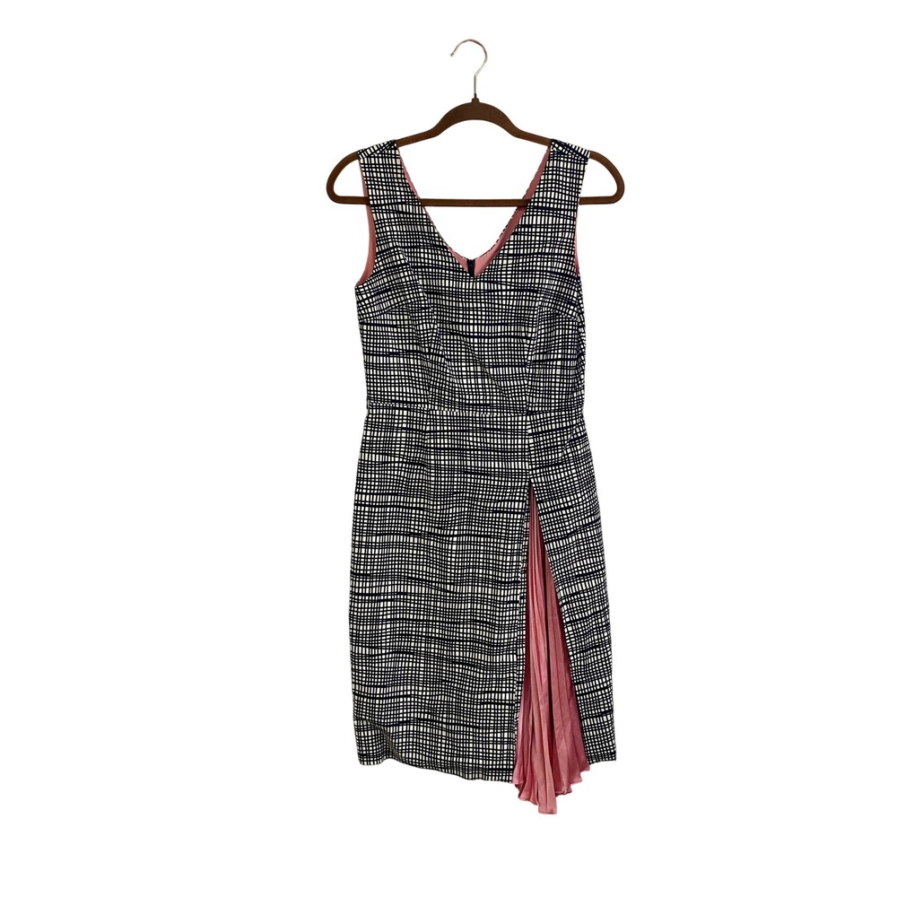 Lyla‎ Jarn NY 100% Silk Lining Cotton Geometric Grid Sheath Dress Pink Pleat